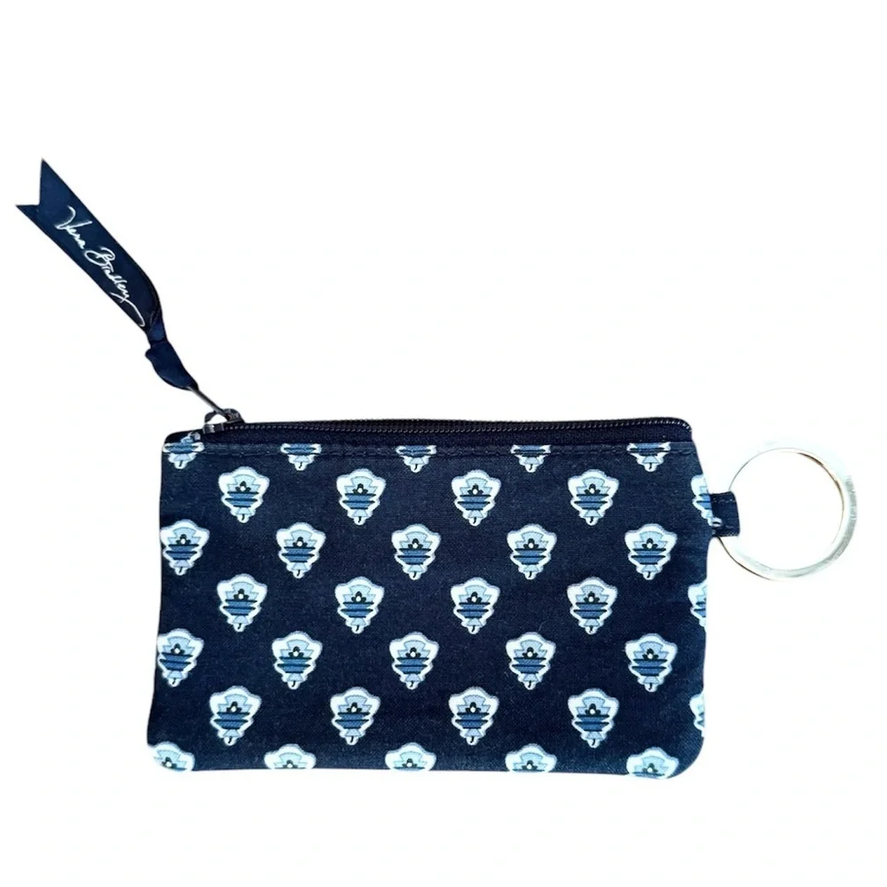Vera Bradley Coin Card Case Zipper Key Ring Navy Blue White Clear Cover For ID - Picture 2 of 6